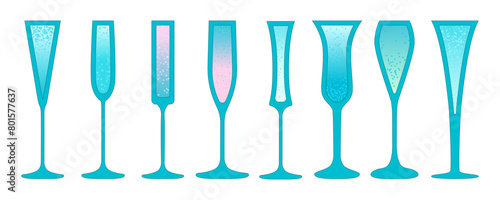 Set cocktail glasses. Assorted champagne glasses. Blue champagne for events. Cold drinks for bar. Carbonated drinks. Vector flat illustration with contour. Line art style. Alcohol liquid