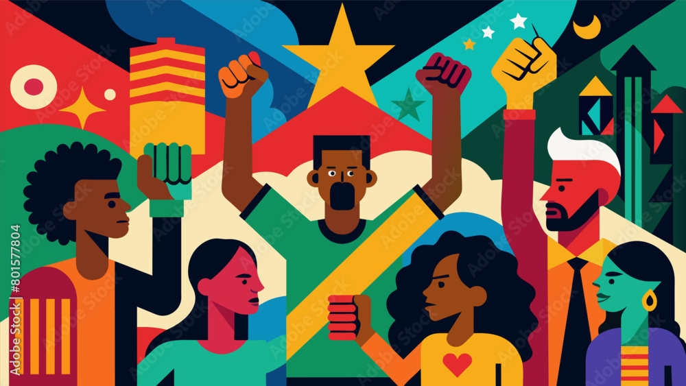 A glimpse of vibrant street art depicting a powerful message of unity and solidarity reminding tourgoers of the importance of celebrating Juneteenth. Vector illustration A glimpse of vibrant street art depicting a powerful message of unity and solidarity reminding tourgoers of the importance of celebrating Juneteenth. Vector illustration