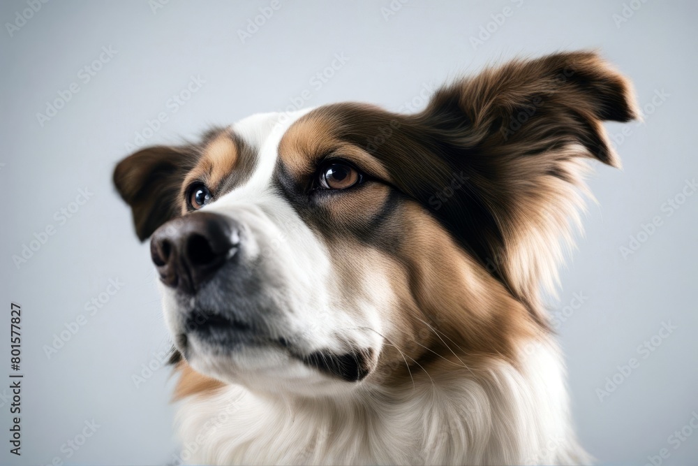 Fototapeta premium background camera dog white mixed breed looking pet horizontal studio shot nobody no people photo color image indoor one animal alone full-length front view cut-out isolated on brown canino carnivore'