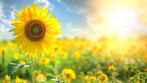 Sunflower in a sunlit field with a copy space banner background yellow flowers on a green meadow in a summer