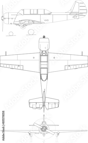  Yakovlev Yak-52 3-view svg vector file.svg