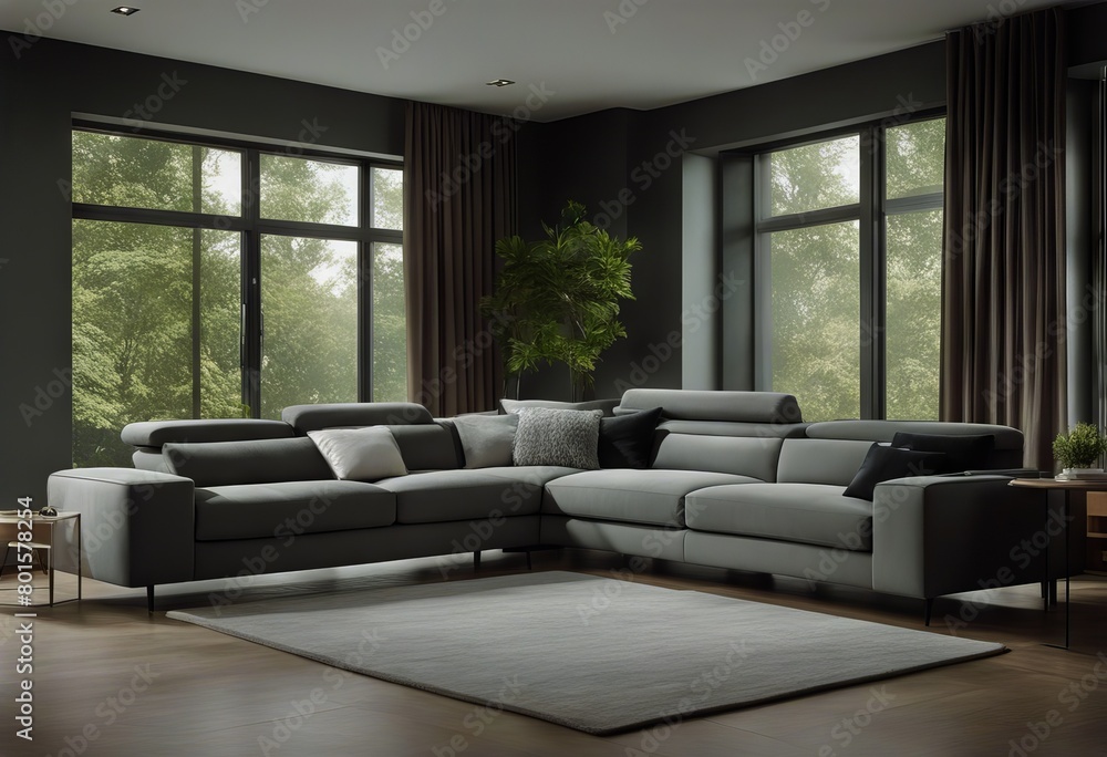 spacious room forest room design windows interior modern big corner living sofa home Grey house Minimalist