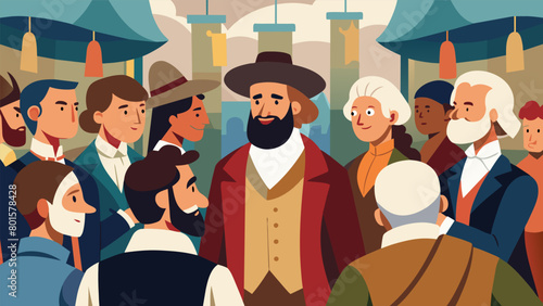 Amidst the bustling crowds of a colonial market actors dressed as the Founding Fathers engage in a heated discussion about the future of the new. Vector illustration
