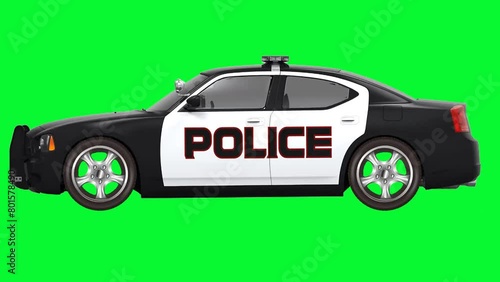 Animation of a police car. A police patrol car is moving at high speed towards the crime scene. Green screen video.
