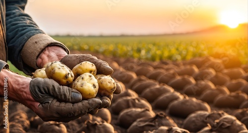 Hands with potatoes against field. Autumn harvesting vegetables #801578846