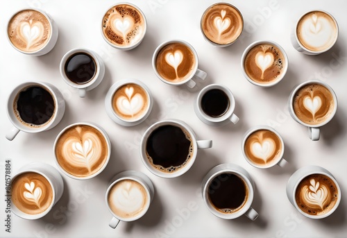 Different types of coffee in cups on white table, top view Generative AI