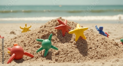 Heap sand with plastic toys at the beach, Summer seaside vacation concept photo