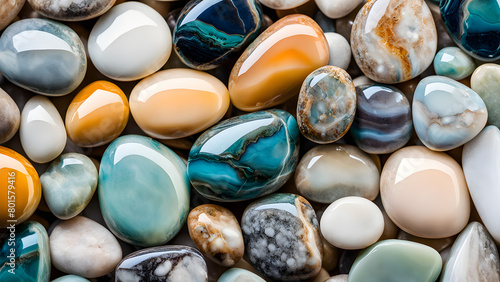 A collection of colorful rocks with a blue and green swirl pattern