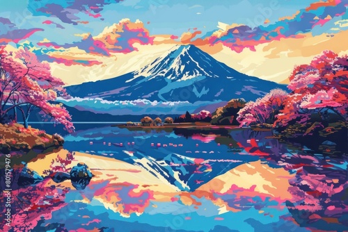 A beautiful painting of a mountain and a lake with pink and blue colors. The painting has a serene and peaceful mood