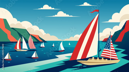 Against the backdrop of a stunning coastline sailboats in a race are adorned with bold American flags capturing the spirit of competition and pride in. Vector illustration