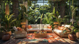 A tropical-inspired conservatory with rattan furniture, lush palm trees, and colorful patterned rugs.