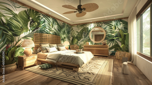 A tropical-themed bedroom with palm leaf wallpaper, bamboo furniture, and a ceiling fan. photo