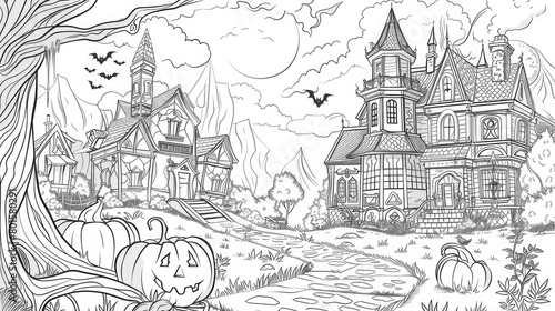 Spooky haunted mansion and mystic fairytale house  Halloween-themed vector coloring page for children - fantasy black and white contour illustration