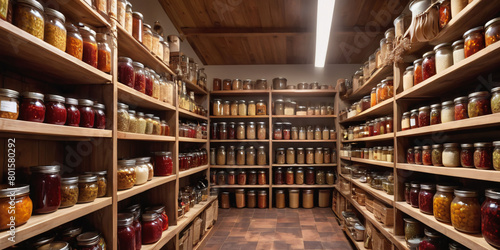 Well-organized pantry filled with a variety of food items stored in glass jars. The jars are lined up neatly on shelves, making it easy to find what you need. 