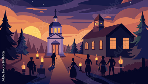 As the sun sets the lanterns come to life and guide visitors through the sacred grounds of a colonialera church where early American patriots once. Vector illustration