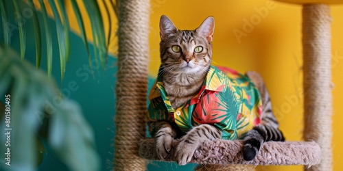photo of cat sitting on the scratching cat house, dressed in tropical shirt, colorful yellow and green background