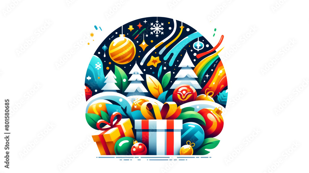 Fototapeta premium This eye-catching illustration highlights a festive holiday scene with wrapped gifts, colorful ornaments, and wintry elements, perfect for seasonal graphics and joyful designs