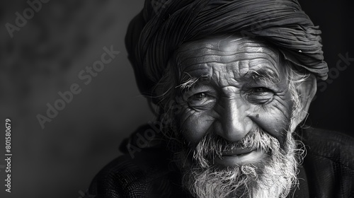 Classic monochrome portrait of an old man smiling.