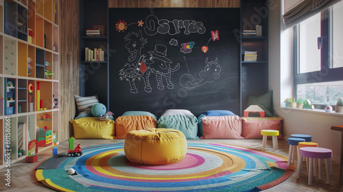 A vibrant children's playroom with a chalkboard wall, toy storage, and colorful rugs for endless hours of playtime fun. photo