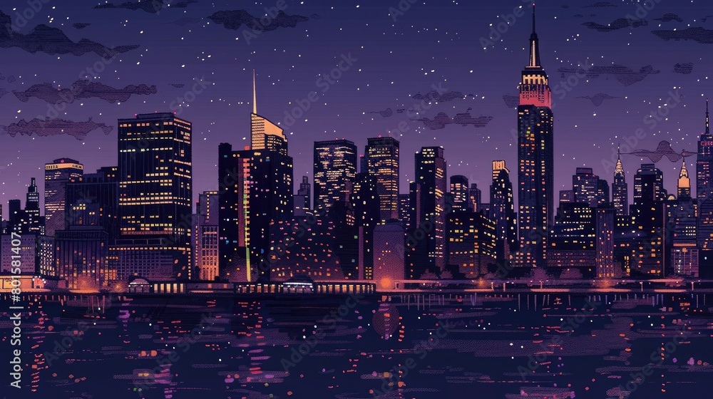 Skyline city at night comic book style, clean ink line, flat colors