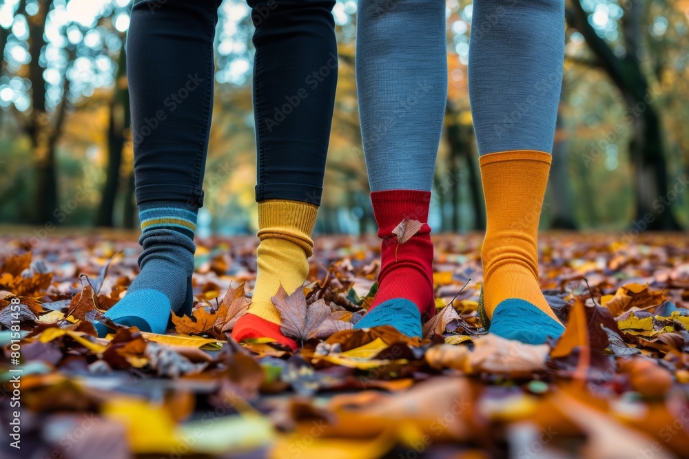 Vibrant autumn scene featuring two pairs of colorful socks, red, yellow, and blue