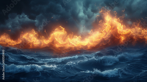Illustration of Fire Flame on a Sea Waves