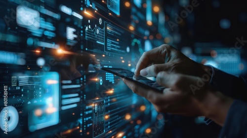 Businessman reviewing cross-device SaaS solutions on his devices, close-up, dynamic digital imagery