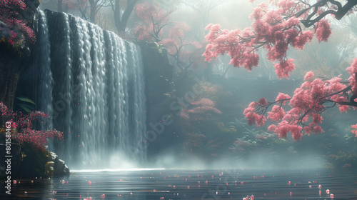 Beautiful Waterfall in the Forest with Blooming Trees