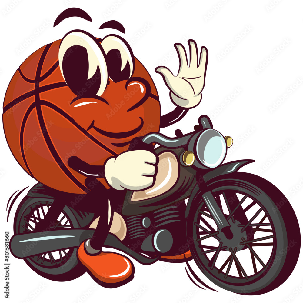 Basketball cartoon mascot riding a big motorcycle, illustration character vector clip art work of hand drawn Basketball cartoon mascot riding a big motorcycle, illustration character vector clip art work of hand drawn