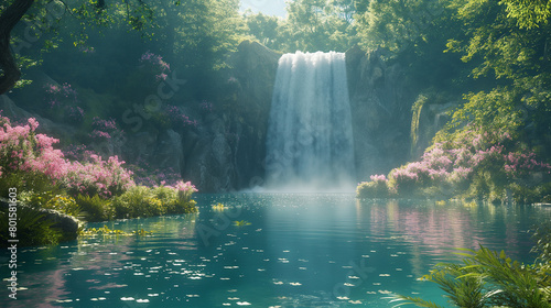 Waterfall in the Forest Surrounded by Trees and Pink Flowers