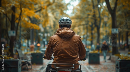 a man on an electric cargo bike in an urban park photo
