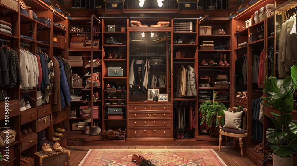 A walk-in closet with custom-built shelves, shoe racks, and a full-length mirror for outfit planning.