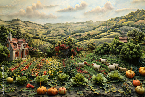 Agricultural Salute: A pastoral tableau featuring farmers and farmworkers amidst verdant fields and rolling hills, harvesting crops and tending to livestock, honoring their vital r photo