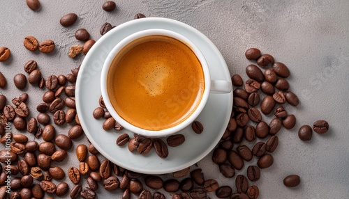 top view of a steaming cup of espresso amidst scattered coffee beans on a neutral background