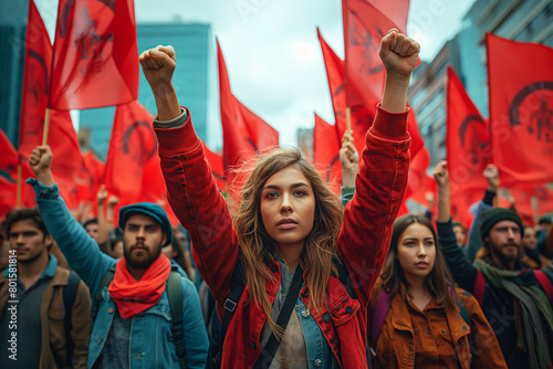 Union Strength: A powerful depiction of workers standing in solidarity, fists raised in unity, amidst banners and flags adorned with labor union symbols, celebrating the collective