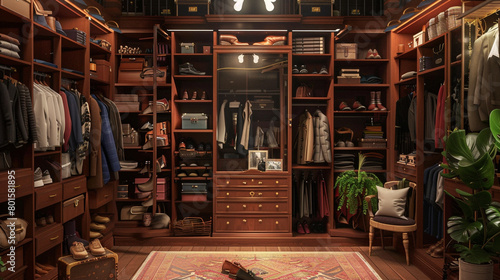 A walk-in closet with custom-built shelves  shoe racks  and a full-length mirror for outfit planning.