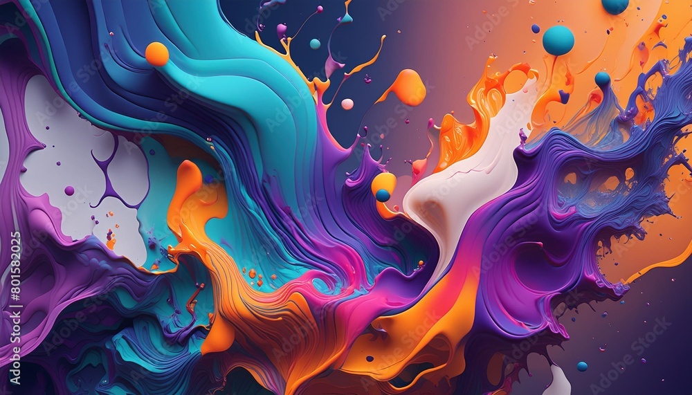 bright and modern abstract art with fluid shapes and splatters in bold colors