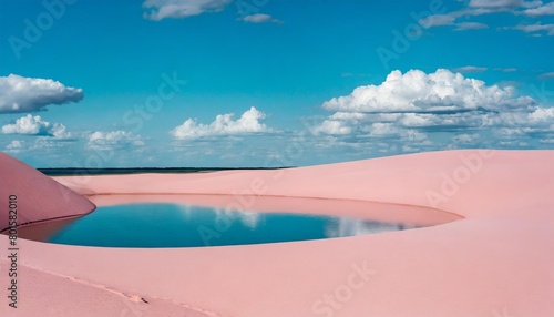 3d render modern abstract minimalist background water in the middle of the pink desert under the blue sky with white clouds fantasy landscape