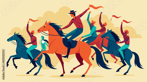 As the crowd cheers the riders perform intricate formations and synchronized movements showcasing the impressive bond between horse and rider.. Vector illustration
