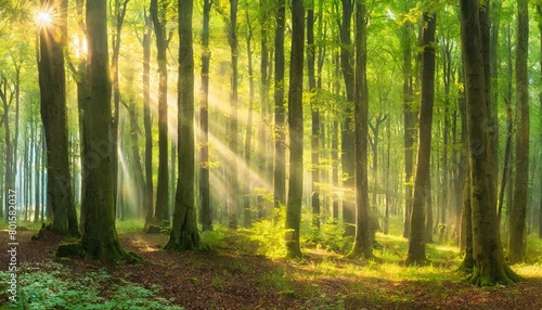 panorama of natural beech forest with sunbeams through morning fog © Mac