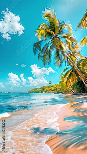 Vertical video of beach with palm trees and a blue ocean. The sky is clear and the sun is shining brightly. Scene is peaceful and relaxing