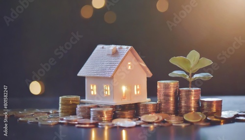 house model and money coins saving for concept saving money for buying a house investment mortgage finance and home loan refinance financial plan home loan photo