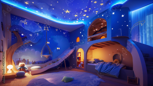 A whimsical children's bedroom with a treehouse bed, a slide, and glow-in-the-dark star decals on the ceiling.