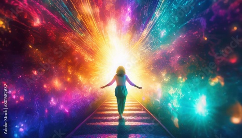person experiencing magical energy and entering another dimension colorful bursts of light surrounding a human being in a non physical reality path leading to enlightement or experiencing god photo