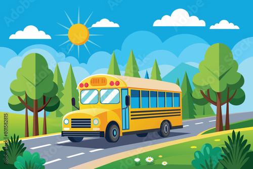 Bright yellow school bus driving on a road through a scenic green landscape under a sunny sky