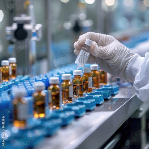 Pharmacist scientist with sanitary gloves examining medical vials on production line conveyor belt in pharmaceutical healthcare factory manufacturing prescription drugs medication mass production