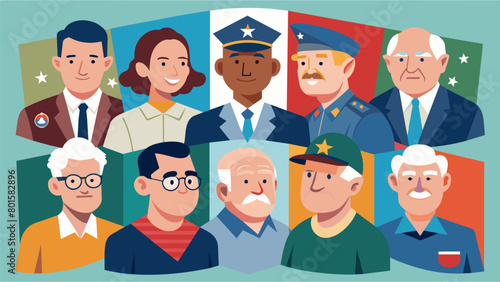 A series of photographs of veterans in their later years taken during reunion events. Each image captures the bonds of brotherhood and camaraderie ast. Vector illustration