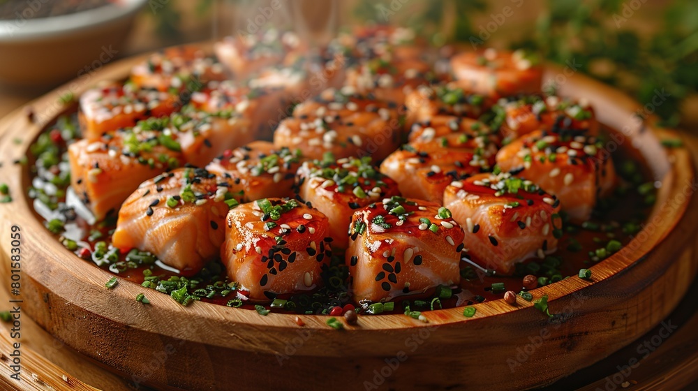 Wooden platter brimming with sushi smothered in sauce and embellished with emerald sprinkles Wooden platter brimming with sushi smothered in sauce and embellished with emerald sprinkles