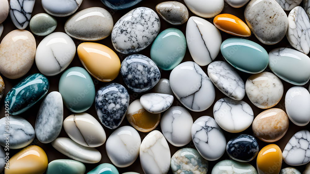 A collection of colorful rocks arranged in a pattern A collection of colorful rocks arranged in a pattern