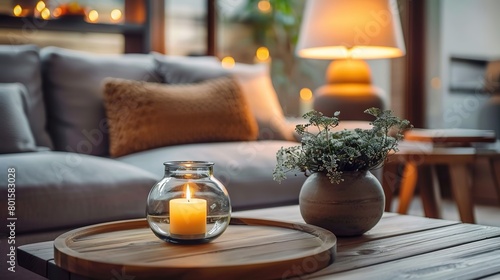 Close-up of round glass jar with burning candle on rustic wooden coffee table. Lamp on the side table near the grey sofa. Minimalist loft home interior design of modern living room.